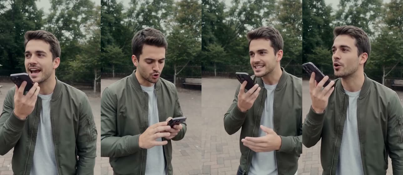 Four frames from a generated millionaire job video: the man asks his phone, reads the answer, reacts to the camera, and asks again