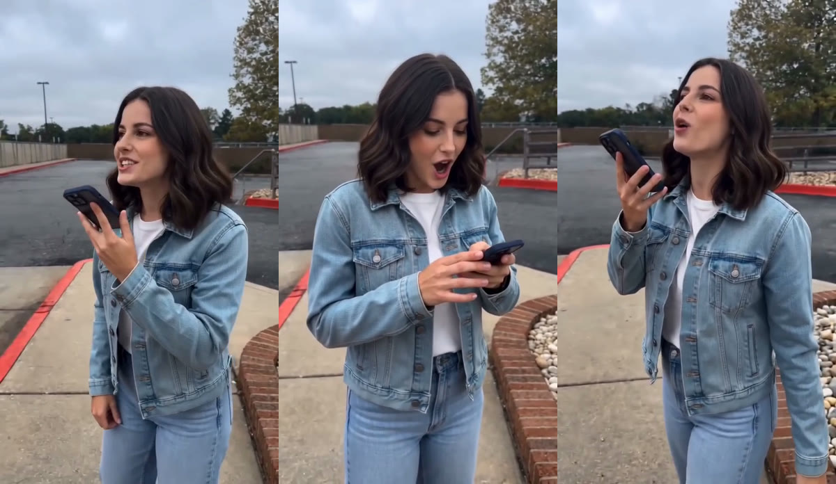 Three frames of the generated video with a woman in a denim jacket, asking her phone a question and looking surprised at the answer