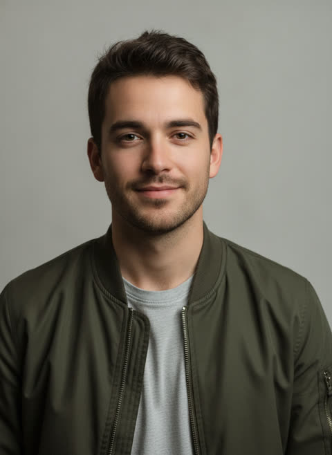 Input photo: a computer-generated portrait of a young man with short dark hair and a green bomber jacket